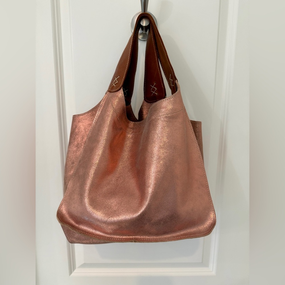 Joji & Co Santa Cruz RoseGold Metallic Suede and Brown Knitting Project Tote Bag